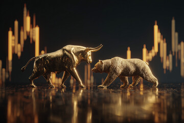 Golden 3d bull and bear figurines in front of glowing gold candlestick chart, symbolising stock market trends, trading, investment and financial risk, perfect for modern finance concepts