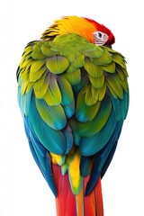 Obraz premium A vibrant parrot captured through its semi-opened wings, revealing tropical color and rare perspective on a white background.