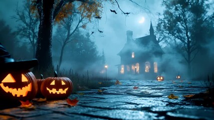 Halloween holiday promotion theme. Spooky scaring. A Halloweenthemed digital artwork featuring a witchs hat and carved pumpkins on a cobblestone path. The scene is set in a misty.
