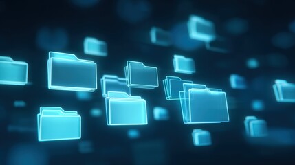 Abstract network grid with files and folders, futuristic software interface, digital document management system, store, search and organize documents, corporate business, paperless office	
