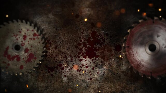 violent mechanical scene, concrete floor stained with blood and sparks flying
