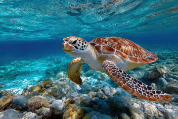 Sea Turtle Swimming Over Coral Reef in Clear Blue Water