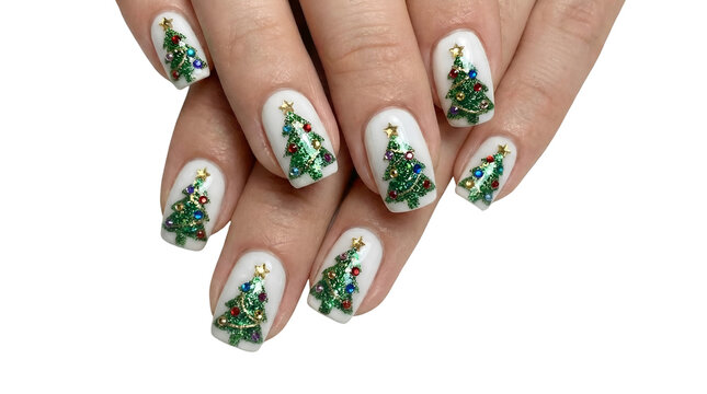 Womans hands with festive Christmas tree nail art featuring glitter and colorful ornaments perfect for holiday beauty and celebration