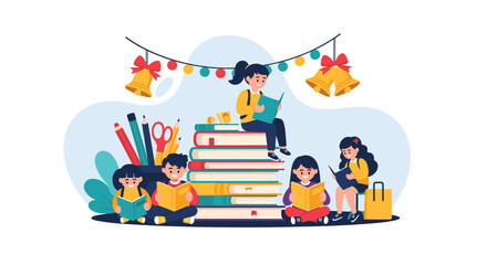 Obraz premium Group of happy children are reading books around a giant stack of books under festive Christmas bells and lights for holiday reading.