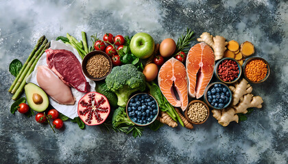 Fresh and Colorful Assorted Fruits and Vegetables on Dark Background.