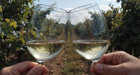 clinking white wine glasses in a vineyard with blurred rows of grapevines in the background.