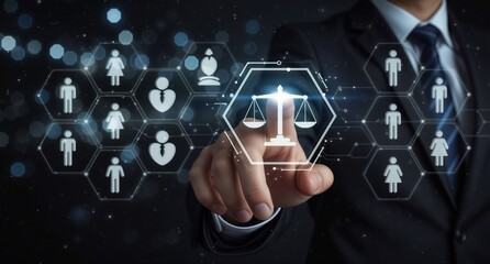 law and justice concept with scales of justice and diverse people icons digitally connected by a professional hand.