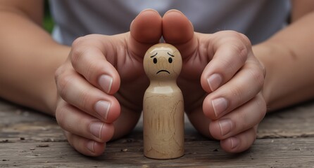 hands gently cradling a wooden peg doll with a sad expression, symbolizing vulnerability and emotional support.