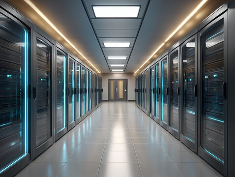 Server room with rows of racks storing digital data - Powered by Adobe