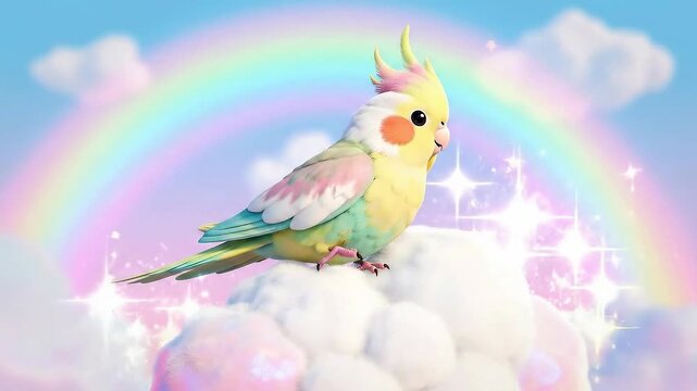 Cute Pastel Cockatiel Bird on Fluffy Cloud with Rainbow Sky Animation