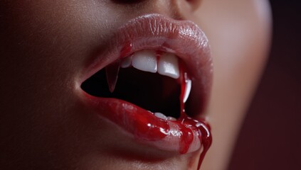 Close-up of female vampire with blood-dripping lips
