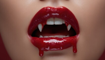 Fototapeta premium Close-up of female vampire with red lips and fangs