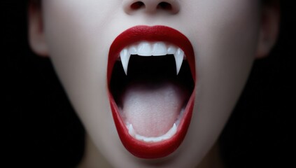 Close-up of female vampire fangs and red lips