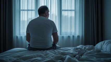 Lonely man sitting on the edge of the bed looking out the window in a dark bedroom. Sad male feeling depressed and isolated at home. Concept of insomnia, mental health issues, and solitude.