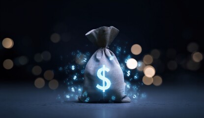 Glowing dollar symbol on money bag with digital currency symbols in dark background