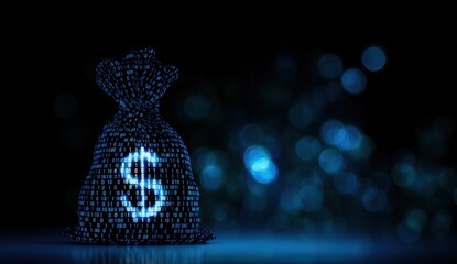Digital money bag with binary code and glowing dollar symbol on dark background