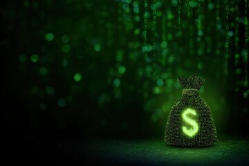 Digital money bag with binary code in green light