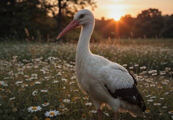 Fototapeta premium white stork standing in a wildflower meadow at golden hour sunlight.