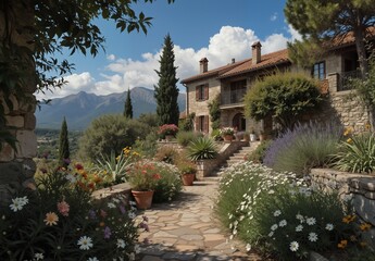 Fototapeta premium rustic stone villa with vibrant flower garden and mountain view in provence, france