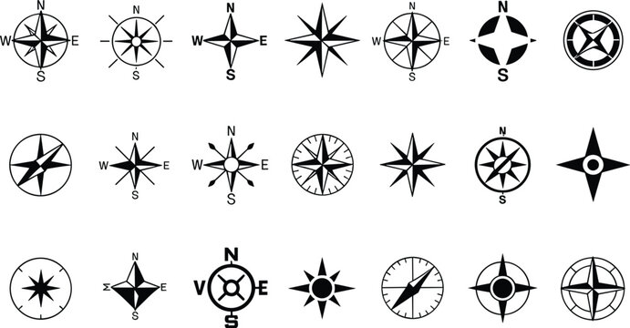 Collection of black and white compass rose icons and symbols