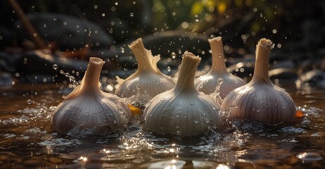 fresh garlic bulbs splashing in water with dynamic spray and droplets, close-up food photography.