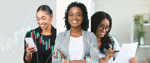 Three business professionals collaborate in a modern office setting, reviewing data and discussing strategies. They appear focused and engaged in their work, showcasing teamwork and productivity.