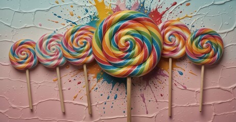 colorful swirl lollipops on textured pink background with vibrant paint splatters, sweet treat confectionery dessert.