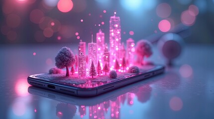 Miniature city made of glowing neon pink and purple lights emerging from a smartphone having a luminous 3D holographic Earth floats above the phone.