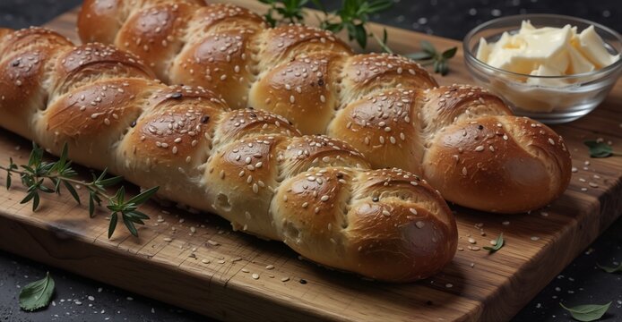 freshly baked sesame braided bread loaf with herb garnish and butter on a rustic wooden cutting board. - Powered by Adobe