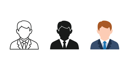 Businessman profile icons illustrating outline solid and colored avatar portrait variations for user accounts