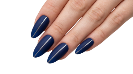 Elegant female hand showcasing matte dark blue almond nails with a chic silver stripe perfect for beauty and fashion concepts