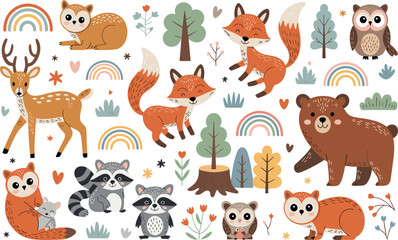 Obraz premium Cute forest animals and rainbows in a playful illustration