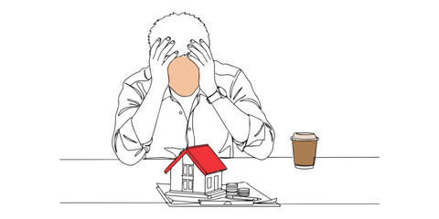 Continuous-line drawing of a stressed man holding his head, with a house model, documents, and coins on the table. Conceptualizes mortgage stress, housing debt, and financial worries.