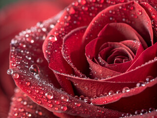 Extreme close-up of a red rose with morning dew drops on petals, soft natural lighting, high detail, macro photography.