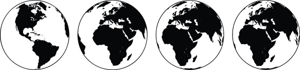 Four black and white globes showing different continents