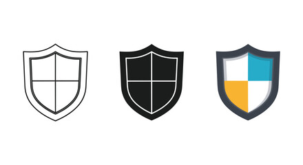Three versions of shield icons illustrating defense protection and security concepts outlines solid fill