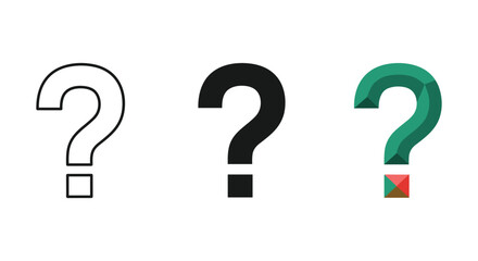 Set of three question mark symbols for query and uncertainty in outline solid and color styles