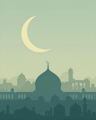 Crescent Moon Over Middle Eastern Skyline