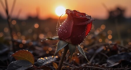 red rose with glistening water droplets illuminated by a warm sunset in a field.
