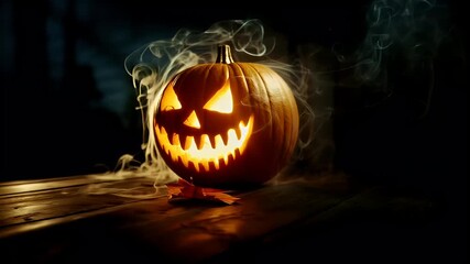 Halloween holiday promotion theme. Spooky scaring. Halloween wallpaper featuring a glowing jackolantern surrounded by smoke and autumn leaves on a wooden surface.