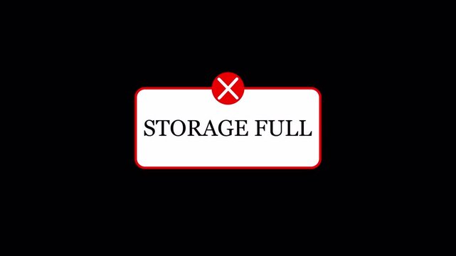 ALERT notification  popup animation 'storage full' animation with a transparent background in 4K animation with alpha channel 