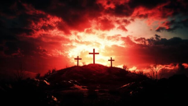 The camera zooms in on the Three Crosses on Hill Silhouette at Fiery Red Sunset Sky
