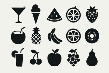 Fototapeta premium Stylish fruit and drink icon set with smooth silhouette design
