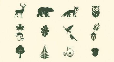 Collection of Forest Wildlife and Plants Silhouettes.