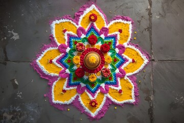 A beautiful mandala art created with flowers and colorful powder, with a milk jug in the middle.