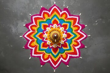 A beautiful mandala art created with flowers and colorful powder, with a milk jug in the middle.