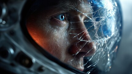 Astronaut with Cracked Helmet Glass Close-up in Space Suit