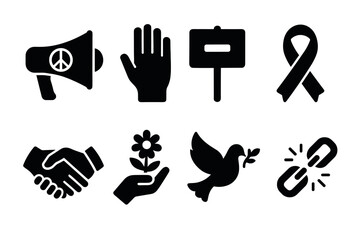 Fototapeta premium Peace and solidarity icons hands, dove, ribbon, symbolizing global unity