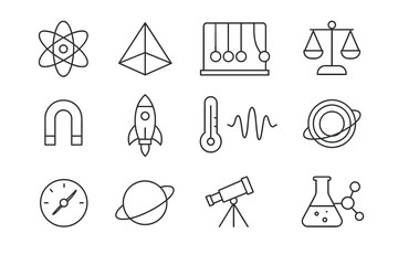 Science and physics icons collection featuring linear designs and simplistic symbols