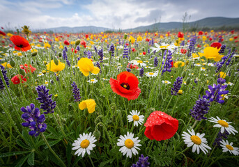 Obraz premium A vibrant field of diverse wildflowers including red poppies, yellow buttercups, white daisies, and purple lavender in full bloom under a clear sky, showcasing nature's beauty and tranquility